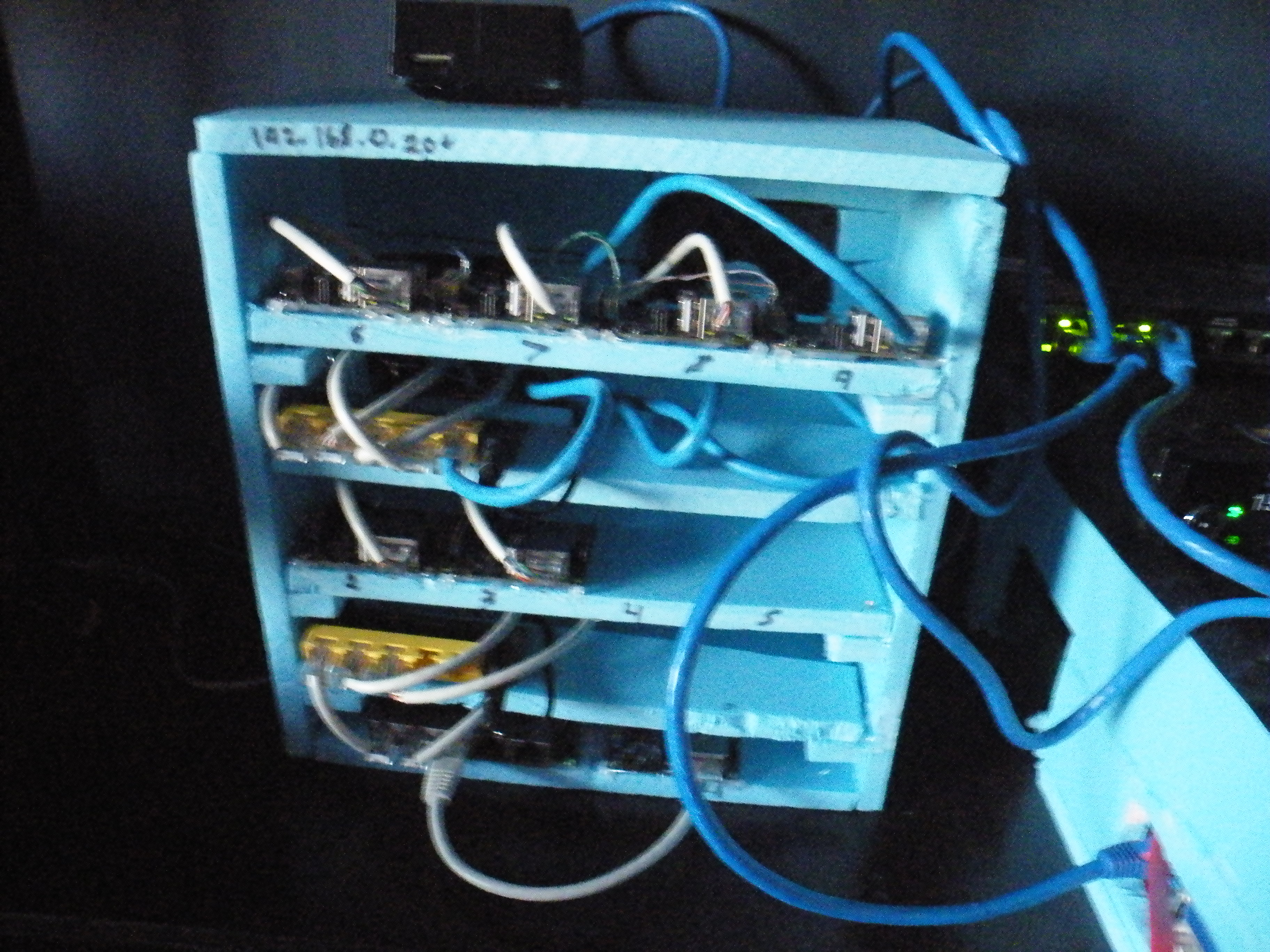 cluster of single board computers made of blue insulation foam